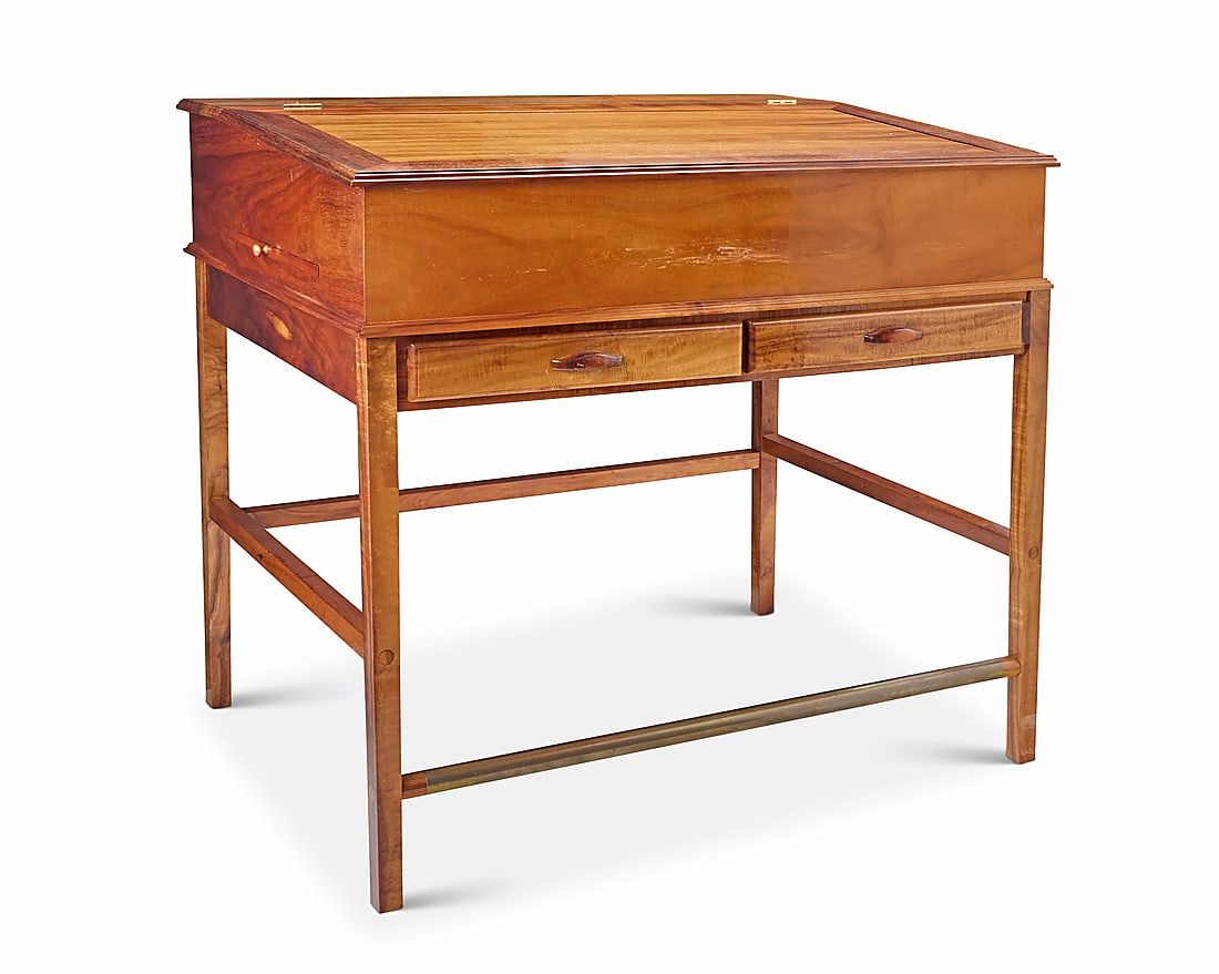 A Contemporary flip top standing desk: A Contemporary flip top standing desk Early 21st century Unmarked The hinged top opening to reveal an open compartment above two drawers, and side pull-out surfaces, raised on squared legs joined by