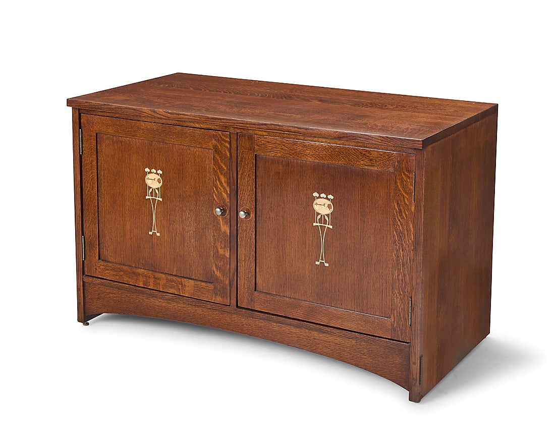 A Stickley Harvey Ellis inlaid console cabinet, no. 89-1192: A Stickley Harvey Ellis inlaid console cabinet, no. 89-1192 2013 With factory burn mark and two applied metal labels including Mission Reissue; stamped with date and: 89 1192 / #32; impressed: TT