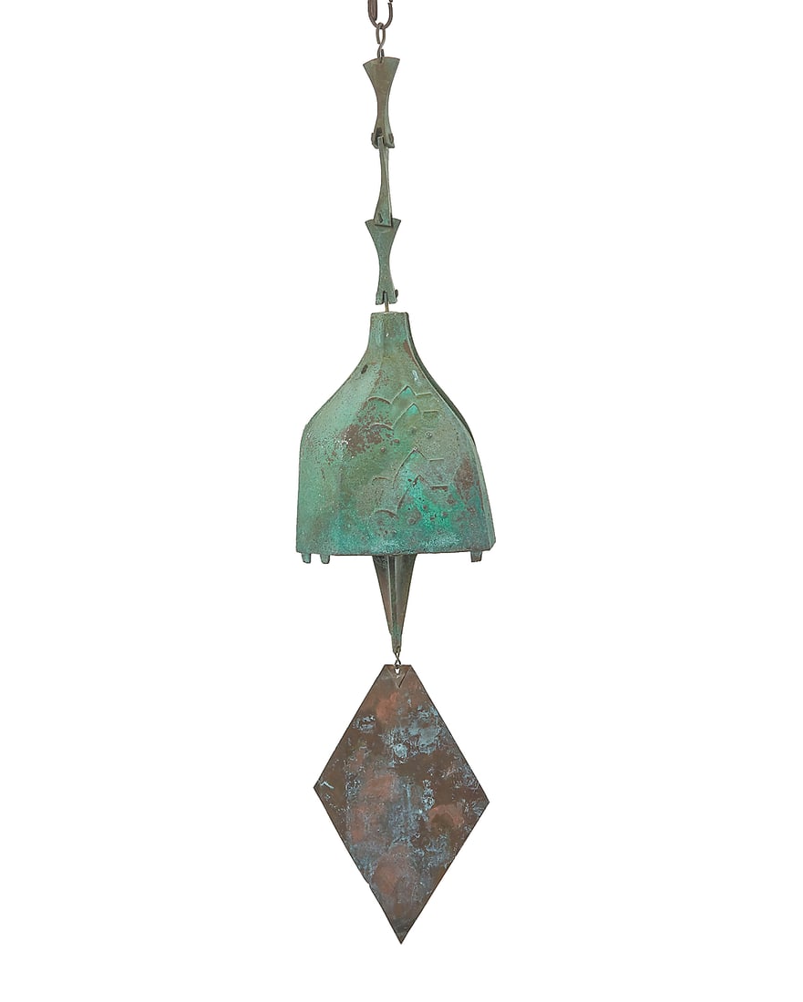 Paolo Soleri (1919-2013), A Cosanti wind bell, mid/late 20th century; Paradise Valley, AZ: Paolo Soleri (1919-2013) A Cosanti wind bell, mid/late 20th century; Paradise Valley, AZ With cast cipher The cast bronze bell with clapper and sheet copper fin Bell with chain and clapper: 24" H x