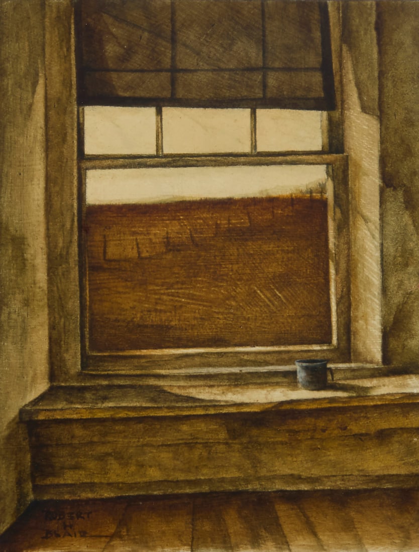 Robert H. Blair (b. 1937), Window view of a rural landscape: Robert H. Blair (b. 1937) Window view of a rural landscape Oil on board Signed lower left: Robert H. Blair 8" H x 6" W