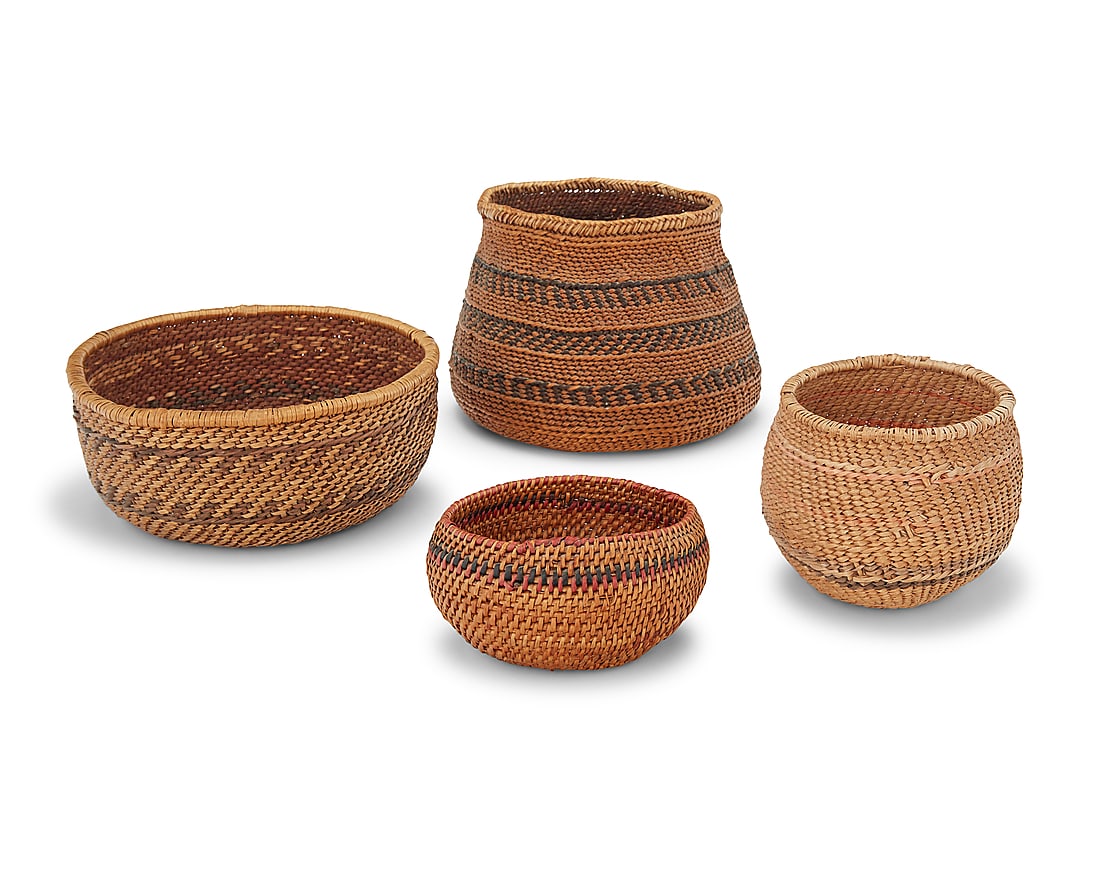 Four Paiute or Washo baskets: Four Paiute or Washo baskets Mid-20th century Comprising three twined and one coiled, the largest lined in pitch to interior and with braided rim, each with banding 4 pieces Largest: 6" H x 8.75" W x 