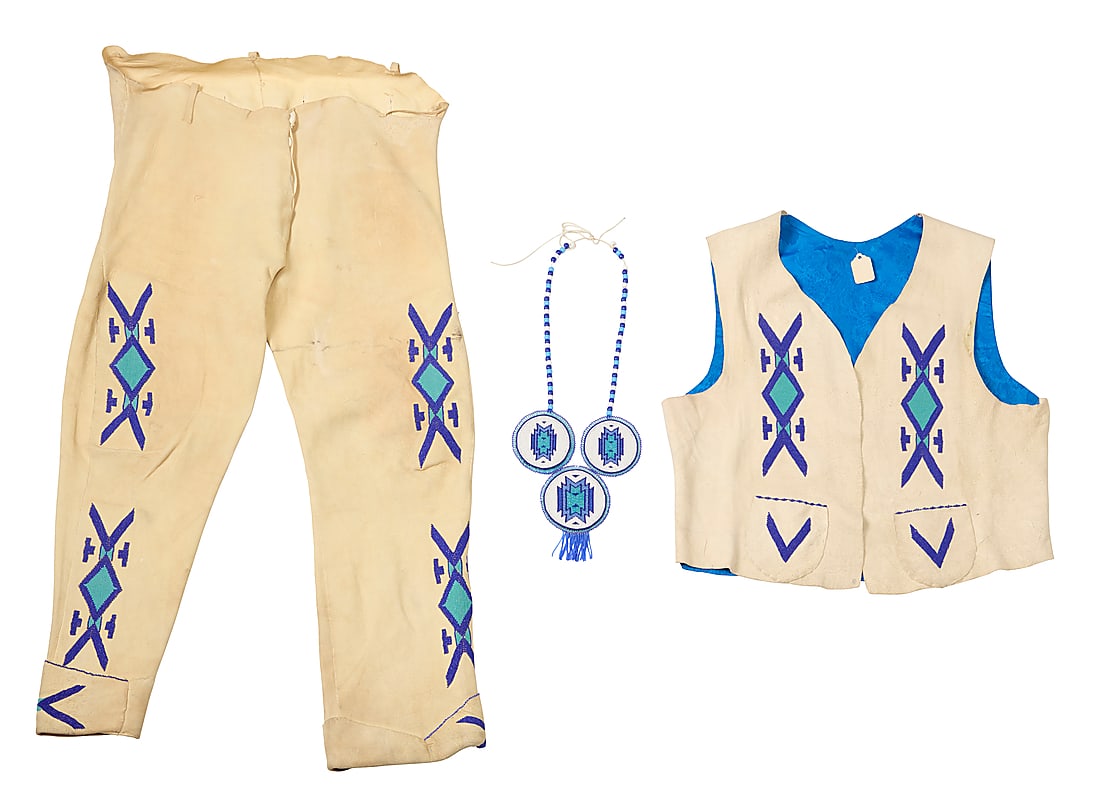 A Plateau style beaded hide vest and pants set (1 of 2)