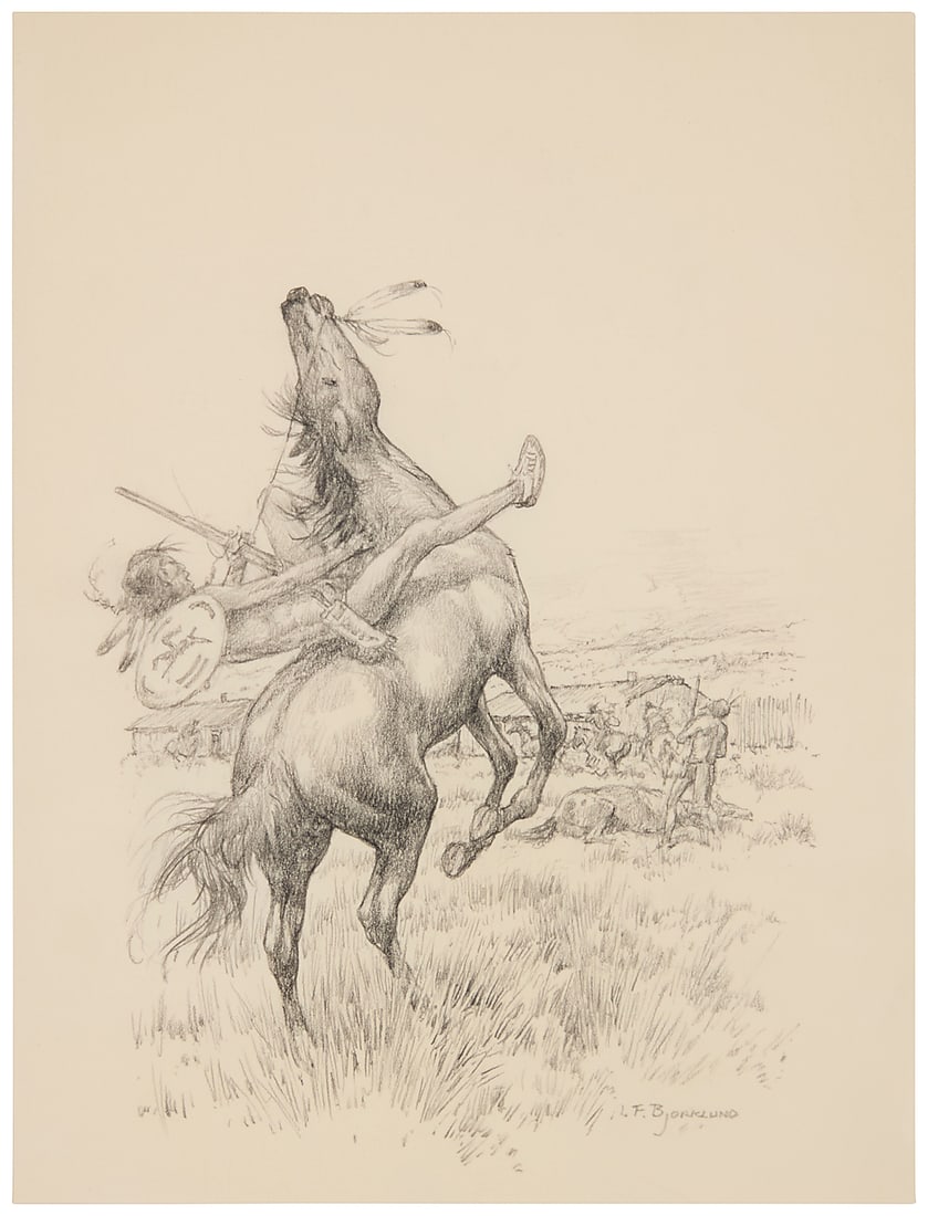 Lorence F. Bjorklund (1911-1978), A battle scene with a Native American falling off a rearing horse (1 of 6)