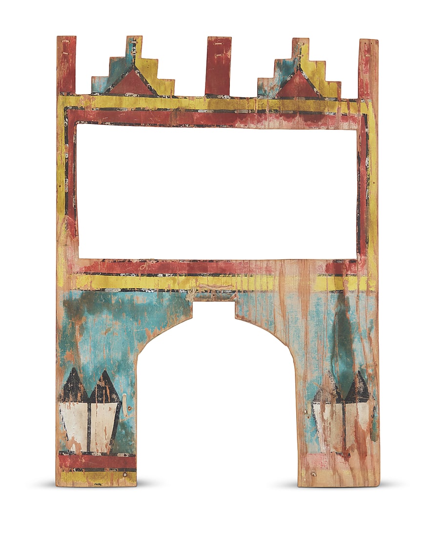 A Hopi polychrome wood dance tableta: A Hopi polychrome wood dance tableta Mid-20th century Decorated with feather motifs to each side and crested by kiva steps 17.125" H x 12.25" W x 0.375" D