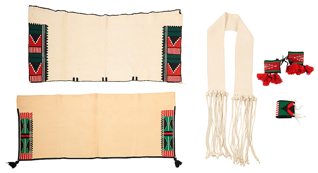 A group of Hopi Pueblo textile items: A group of Hopi Pueblo textile items Five works: Herbert Talahaftewa (b. 20th century, Hopi Pueblo) Mid-20th century With retail tag indicating weaver A long twill-woven cotton sash, woven in two part