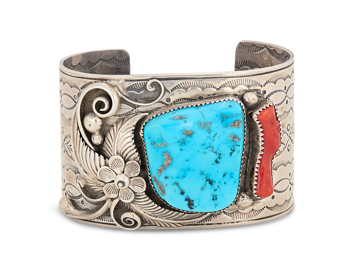 A Southwest sterling silver, turquoise, and coral cuff bracelet (1 of 2)