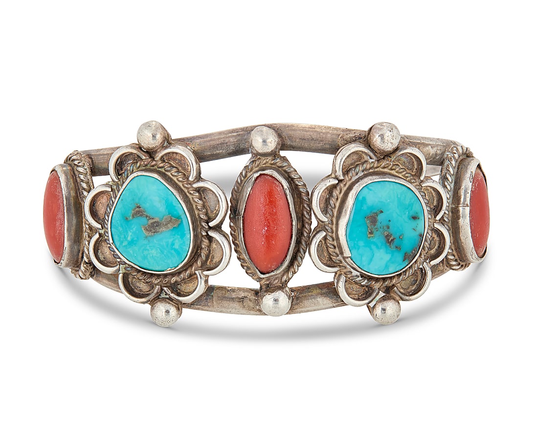 A Southwest sterling silver, coral and turquoise cuff bracelet (1 of 2)