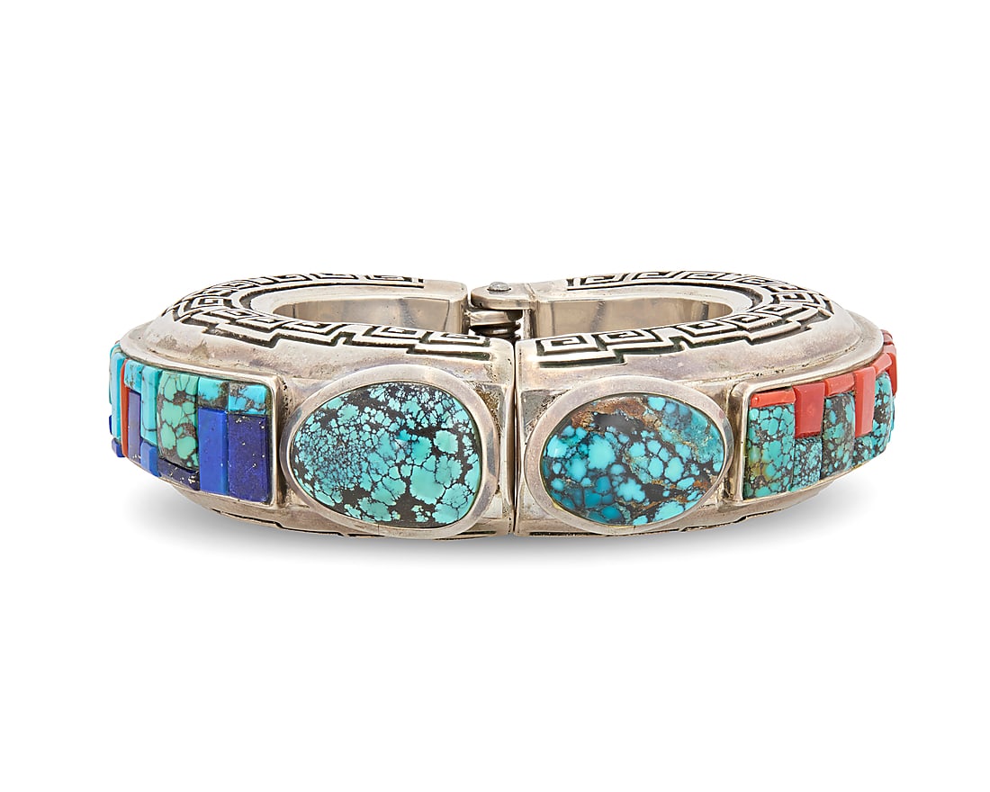 A Hank Whitethorne Navajo large silver and cobblestone bracelet (1 of 3)