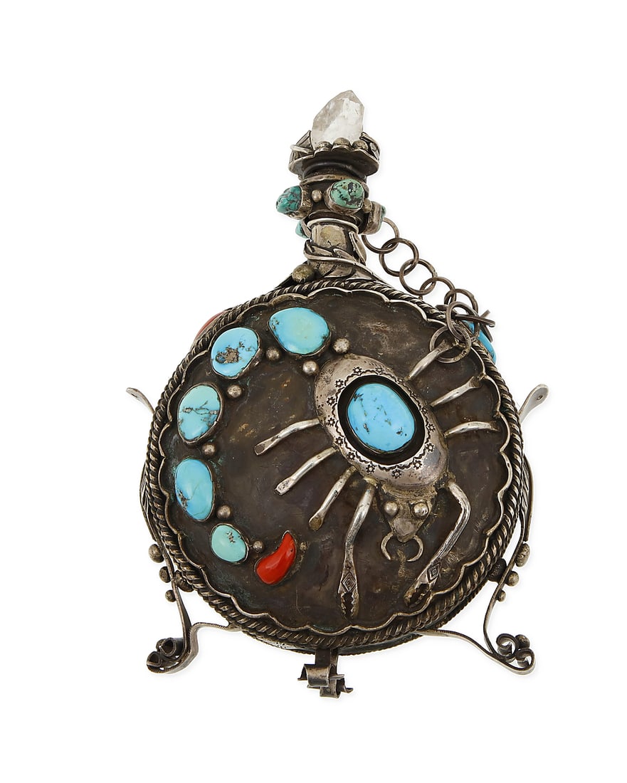 A large Southwest silver and set stone scorpion flask (1 of 7)