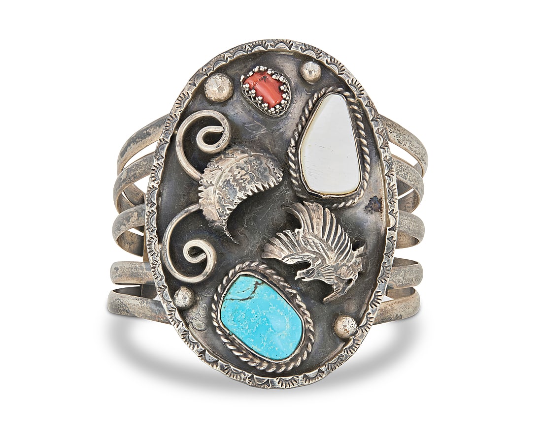 A large Southwest sterling silver and set stone cuff bracelet (1 of 2)