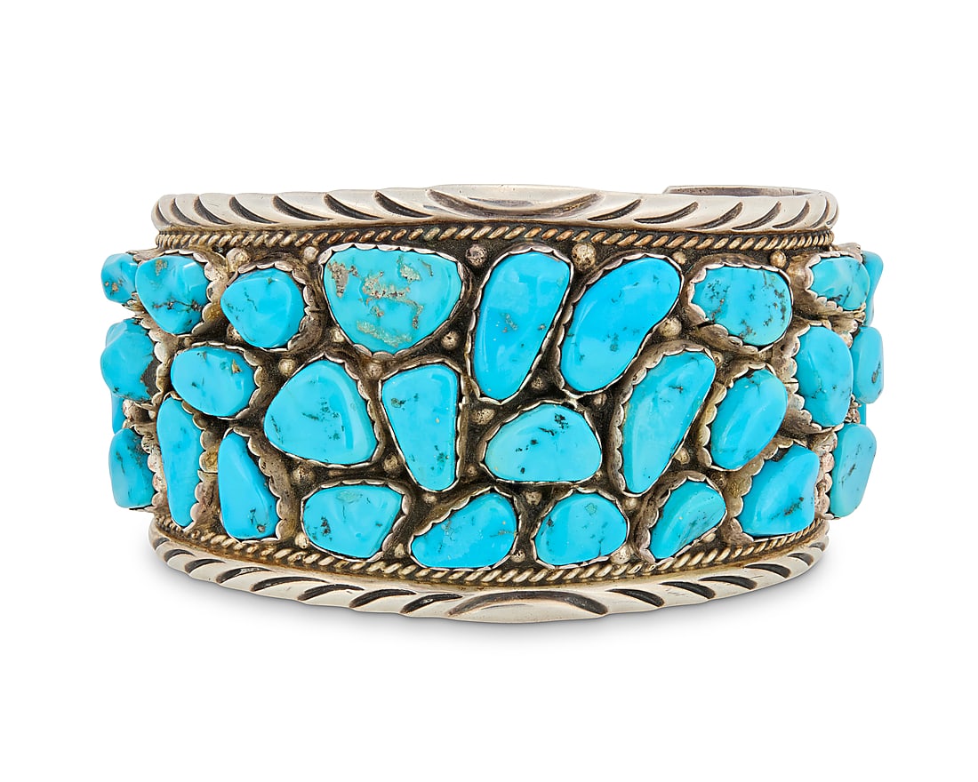 An Elain Bahe Navajo sterling silver and cluster set turquoise cuff bracelet (1 of 2)