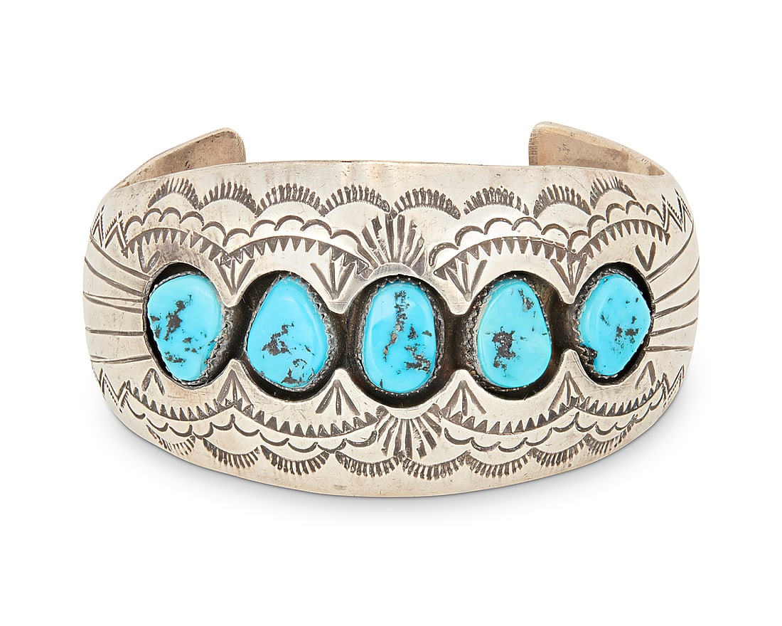 A P. Benally Navajo shadowbox silver and turquoise cuff bracelet (1 of 2)