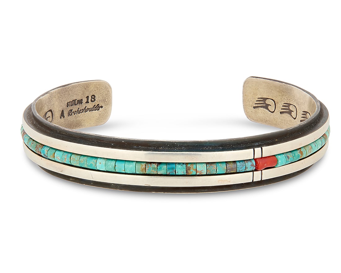 An Aaron Brokeshoulder Shawnee/Choctaw/Santo Domingo sterling silver and turquoise cuff bracelet (1 of 3)