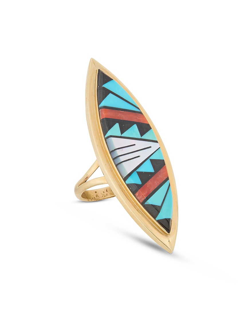 A Tim Bedah Sr. Navajo 14K gold and multistone inlay ring (1 of 2)