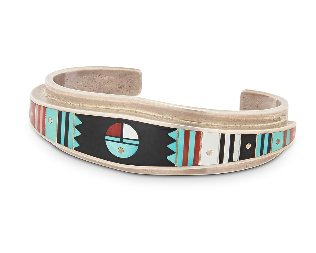 An Ernest Benally Navajo sterling silver and mosaic inlay cuff bracelet (1 of 2)