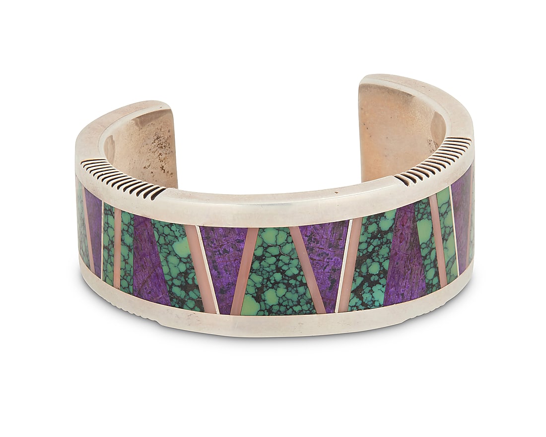 A P. Platero Navajo sterling silver and mosaic inlay cuff bracelet (1 of 3)