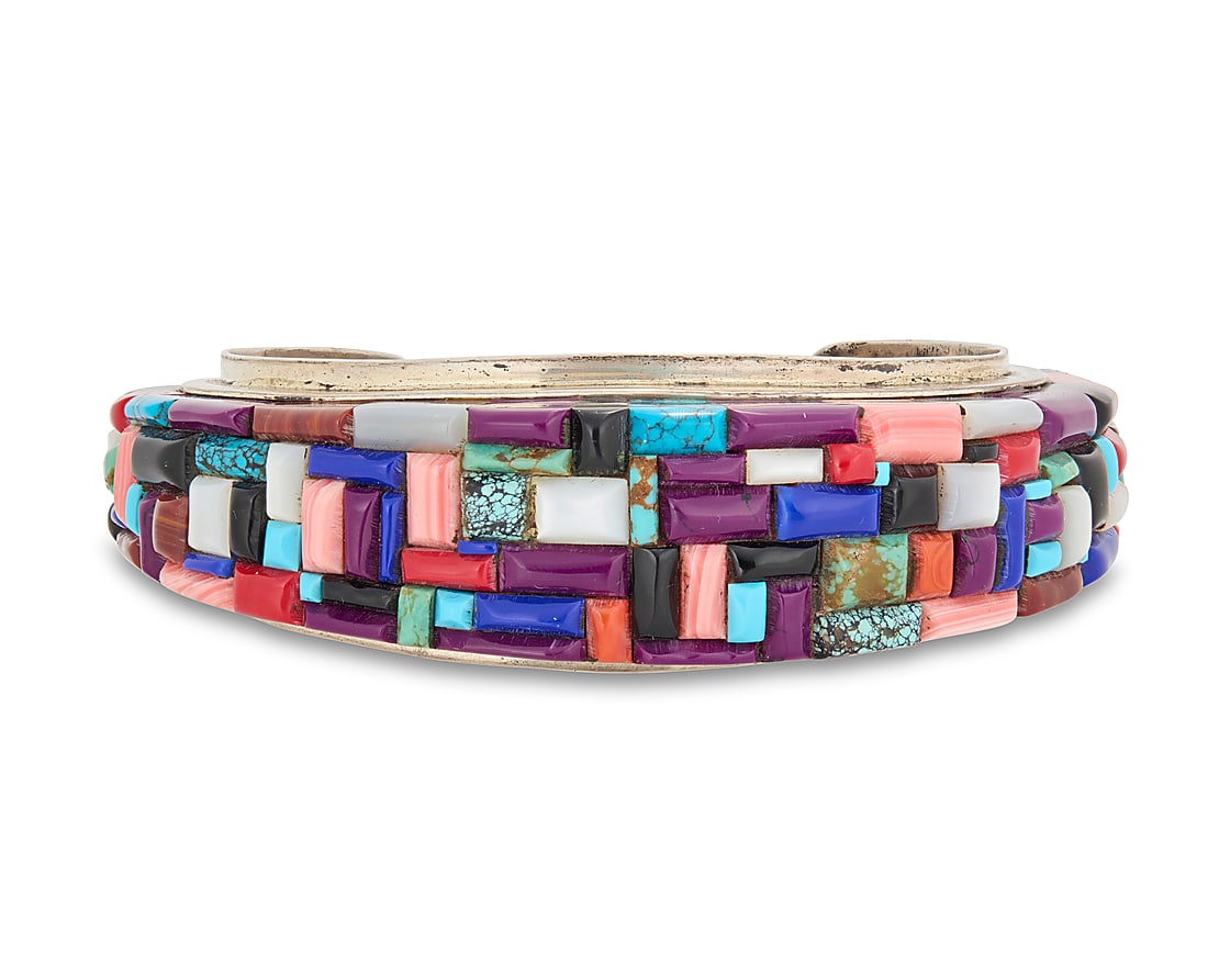 A Southwest sterling silver and cobblestone inlay cuff bracelet (1 of 2)