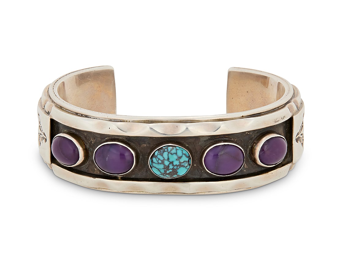 A Phillip Guerro & Yellowhorse Navajo sterling silver and set stone cuff bracelet (1 of 2)