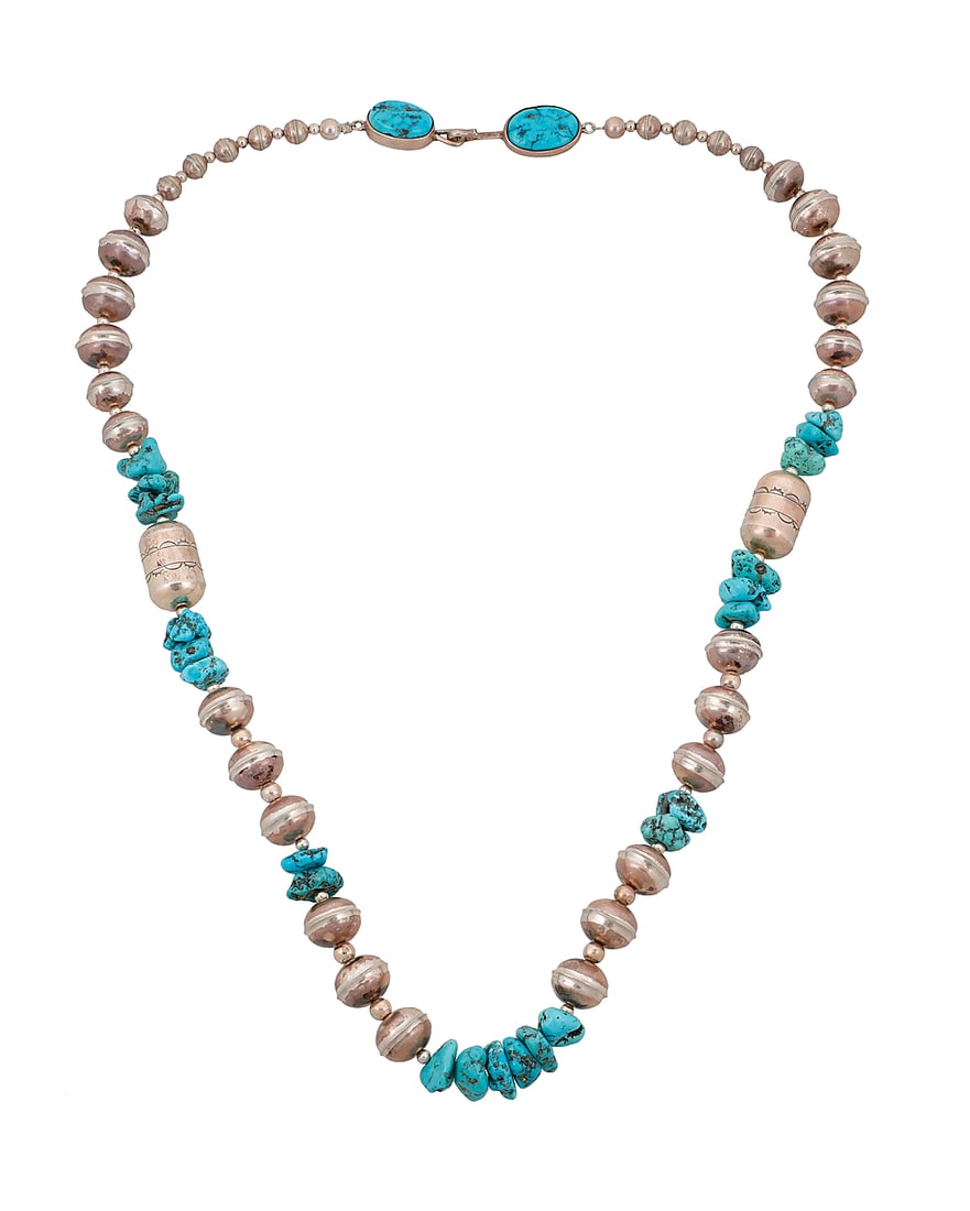 A Tommy Singer Navajo sterling silver bead and turquoise necklace (1 of 2)