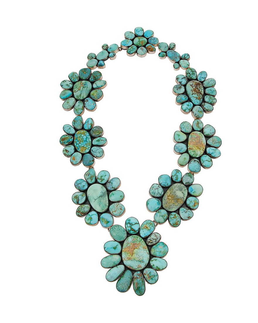 A Federico Jimenez sterling silver and turquoise concho style link necklace: A Federico Jimenez sterling silver and turquoise concho style link necklace Federico Jimenez (b. 1941, Mixtec) Late 20th/21st century Stamped: JF [conjoined] / Sterling A chunky sterling silver neckla
