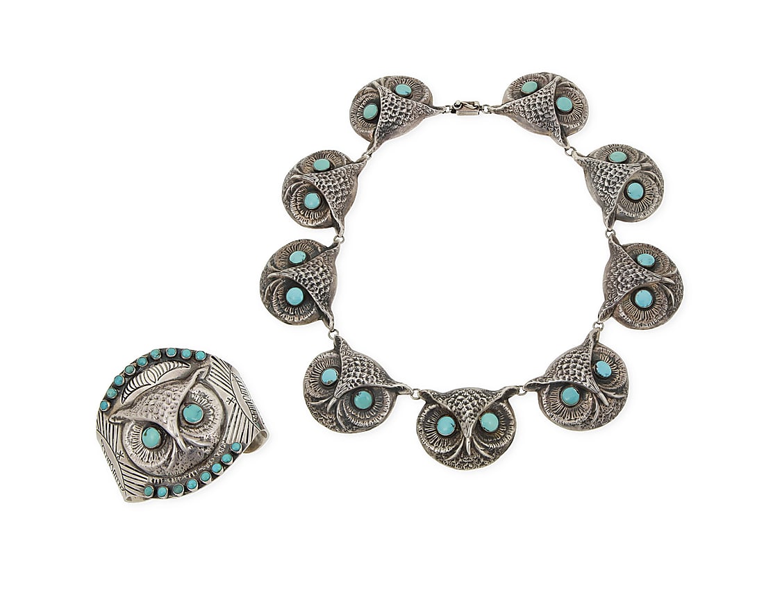 A group of Federico Jimenez sterling silver and turquoise owl jewelry (1 of 2)