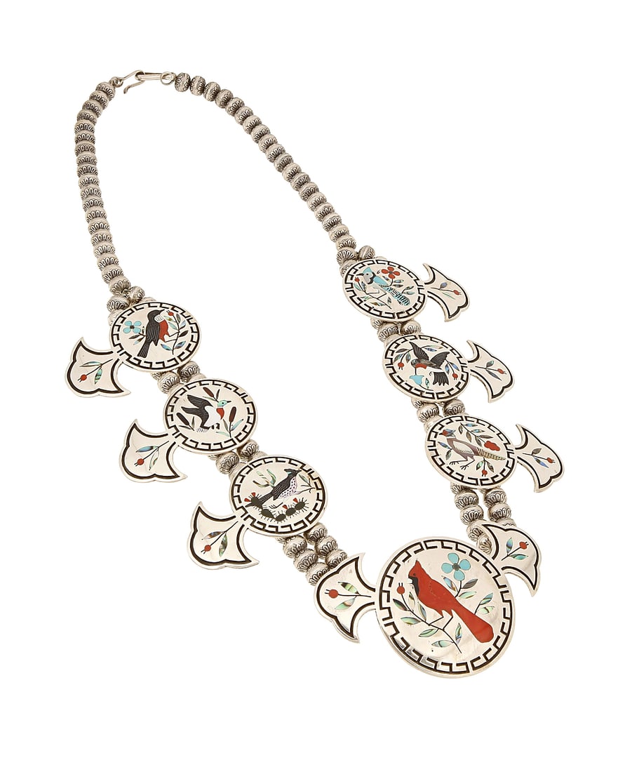 A Dennis & Nancy Edaakie Zuni sterling silver and stone inlay pictorial bird necklace: A Dennis & Nancy Edaakie Zuni sterling silver and stone inlay pictorial bird necklace Dennis & Nancy Edaakie (1931-2008 and b. 1937, Zuni Pueblo) Late 20th century Stamped for each verso A large chunk