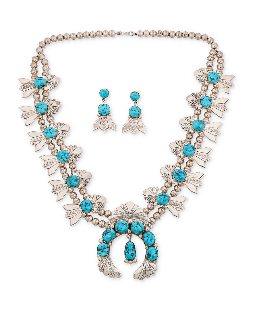 A set of Robert & Bernice Leekya Zuni sterling silver and turquoise squash blossom jewelry (1 of 2)