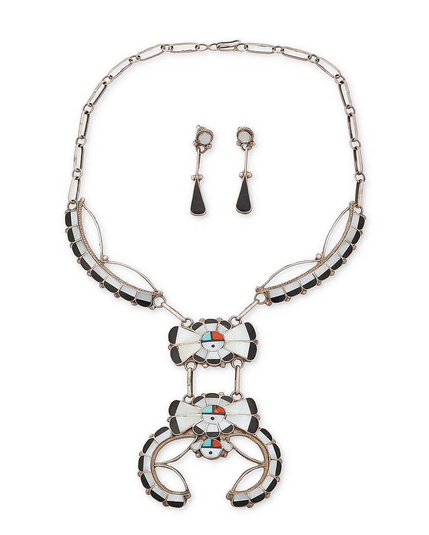 A set of Juan & Charlene Chico Zuni Sunface silver and multistone inlay jewelry: A set of Juan & Charlene Chico Zuni Sunface silver and multistone inlay jewelry Juan and Charlene Chico (b. 20th century, Zuni Pueblo) Late 20th century Etched signature verso: Juan & Charlene Chico /