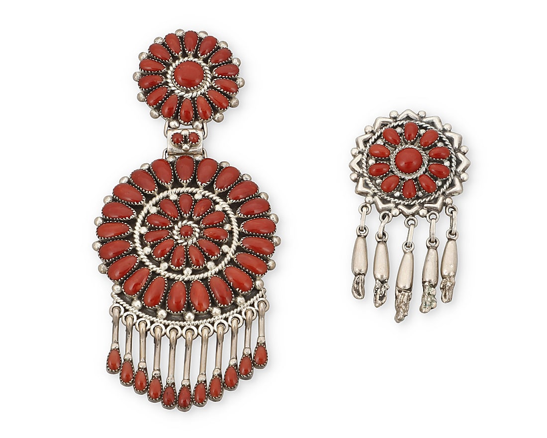 Two Zuni Pueblo cluster set coral pendants (1 of 2)