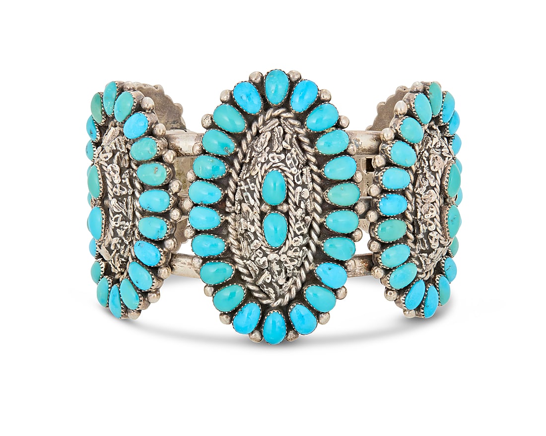 A Lee & Mary Weebothee Zuni sterling silver and turquoise cuff bracelet (1 of 2)