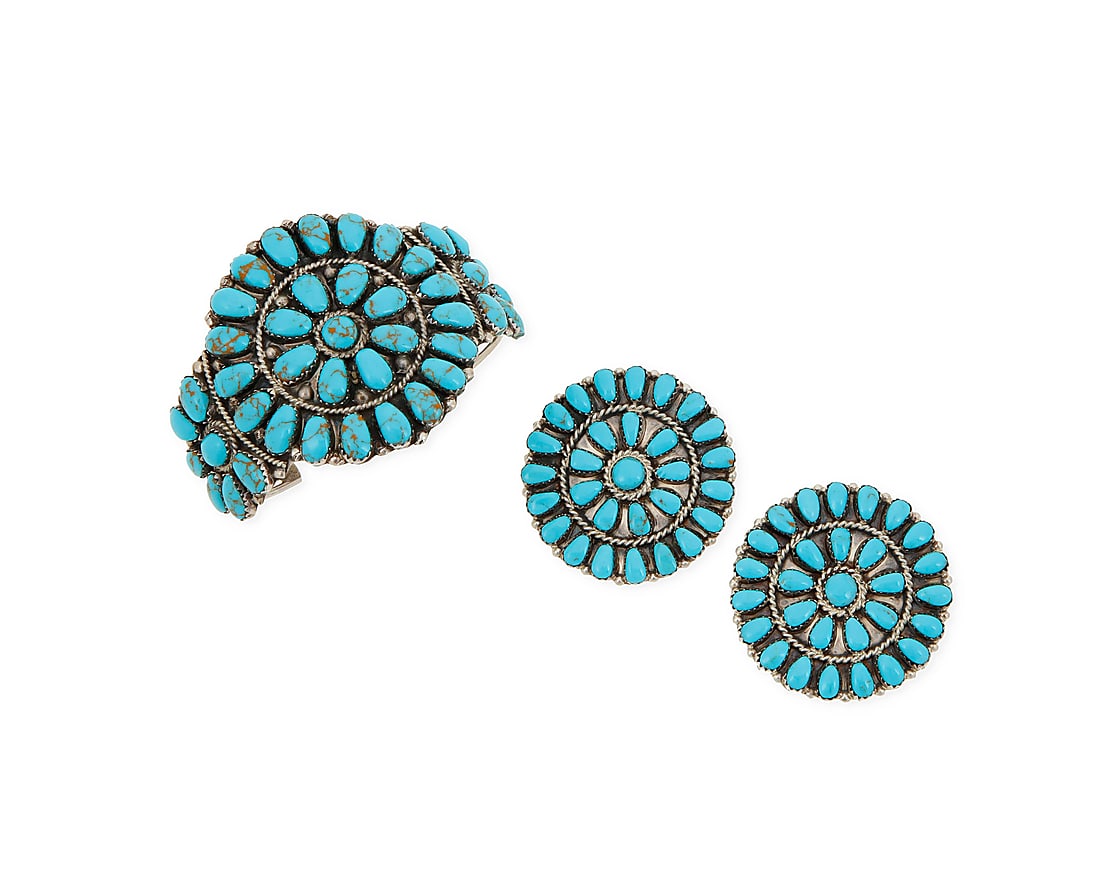 A set of Zuni Pueblo sterling silver and turquoise cluster set jewelry (1 of 2)