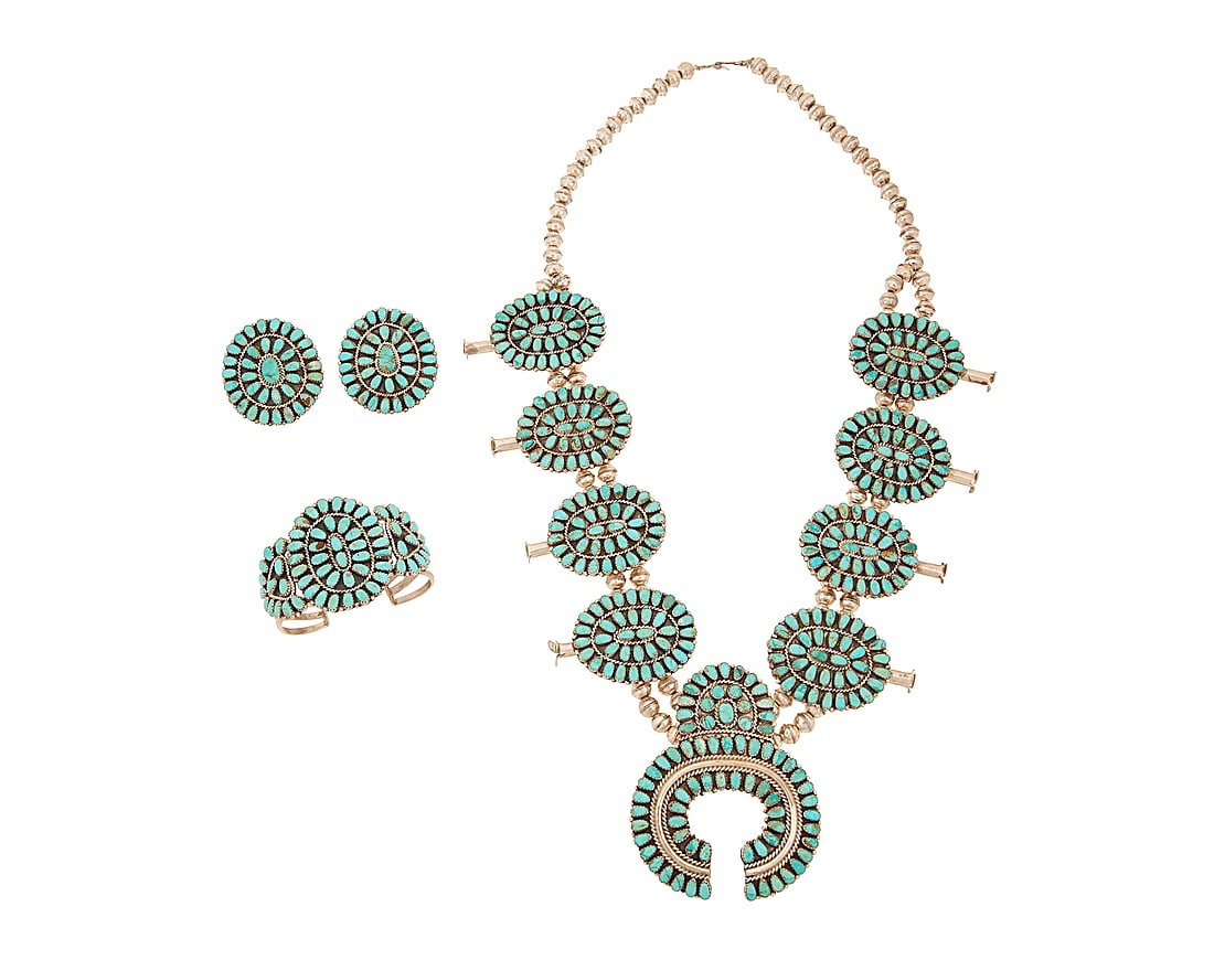 A set of Larry Moses Begay Navajo sterling silver and petit point turquoise squash blossom jewelry (1 of 2)