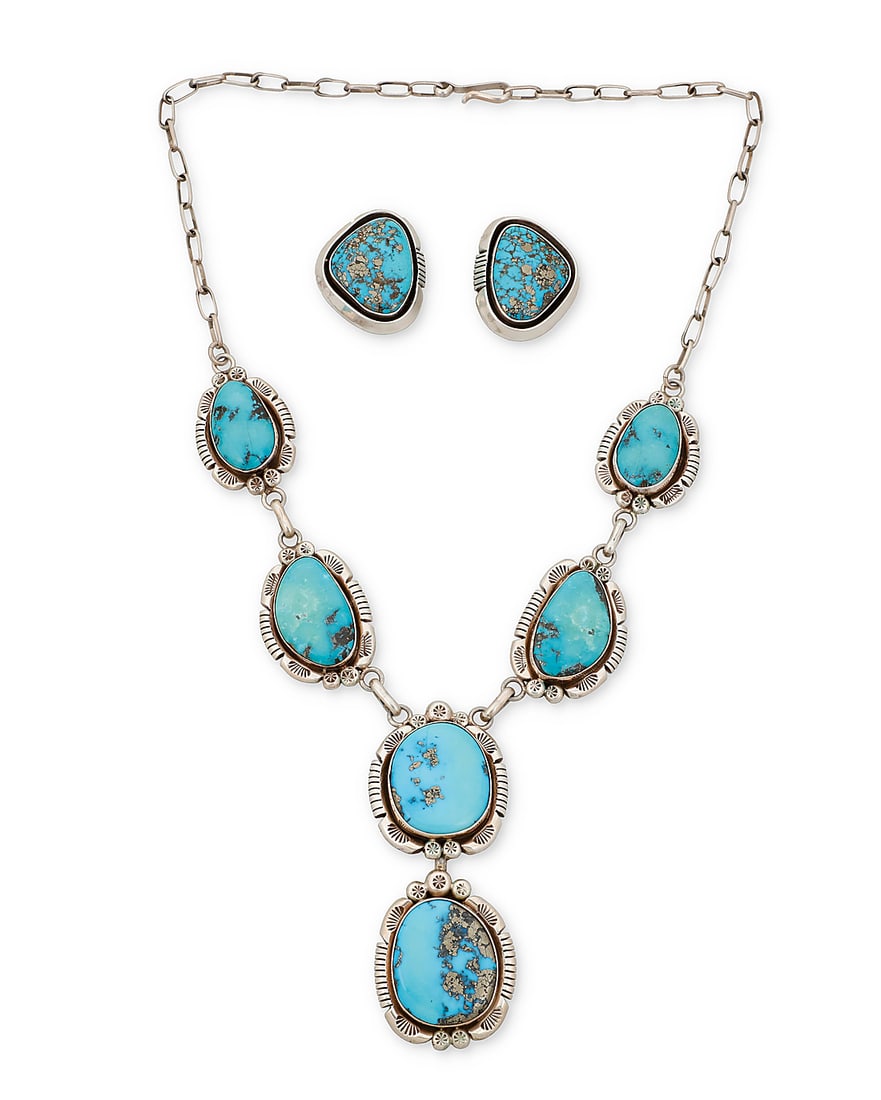 A mixed set of Esther Wood Navajo sterling silver and turquoise jewelry: A mixed set of Esther Wood Navajo sterling silver and turquoise jewelry Esther Wood (b. 1946, Dine) Late 20th/21st century Each with etched signature verso A large set turquoise link necklace with det