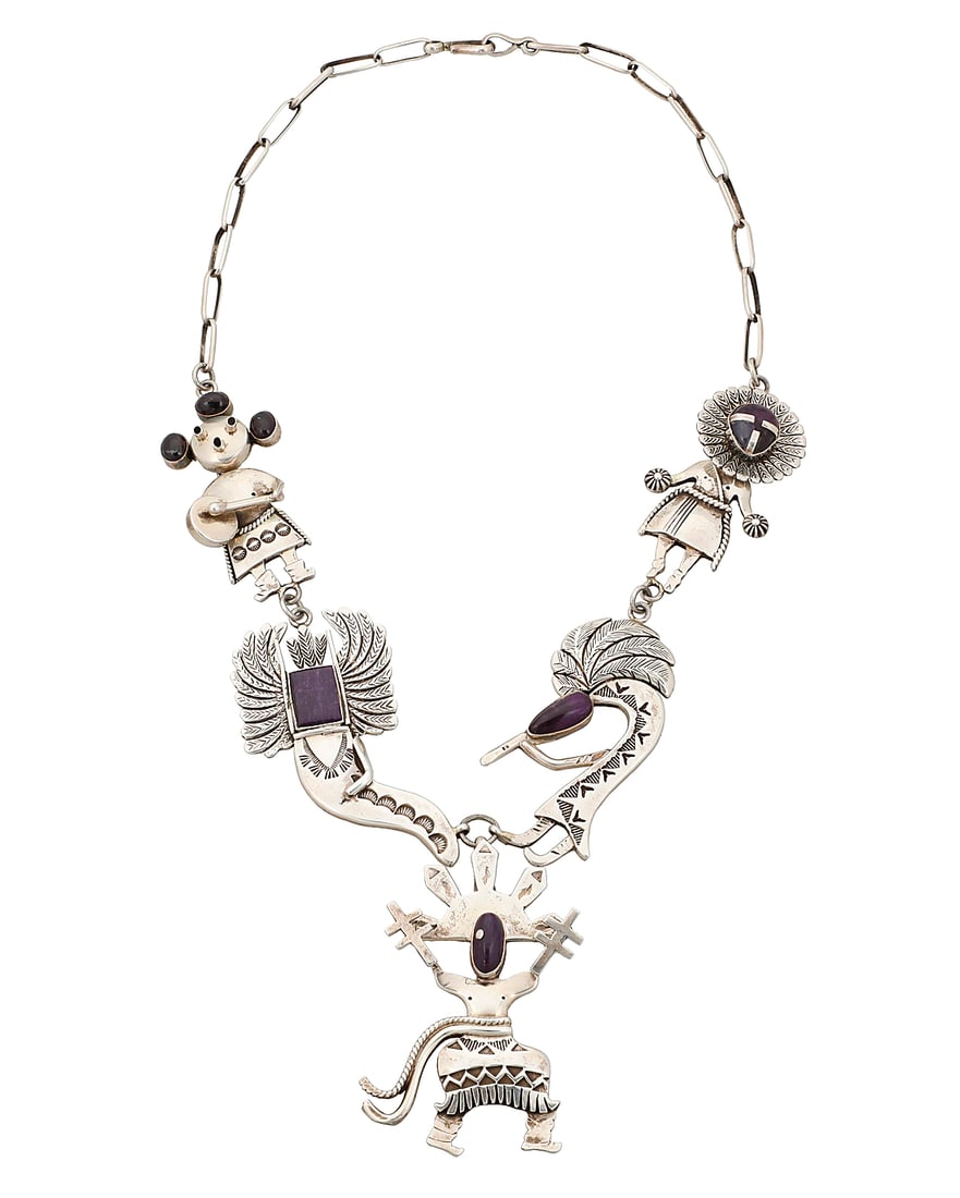 An Esther Wood Navajo sterling silver and sugilite kachina motif necklace (1 of 3)