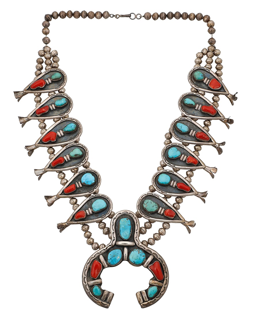 A Herbert Platero Navajo sterling silver and set stone squash blossom necklace (1 of 2)