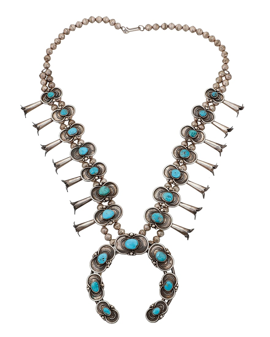 A Southwest sterling silver and turquoise squash blossom necklace (1 of 2)