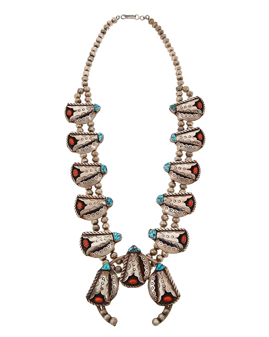 A Southwest silver, coral and turquoise squash blossom necklace (1 of 2)