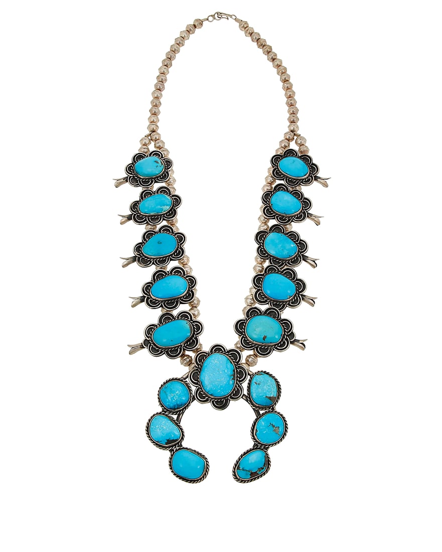 A Southwest sterling silver and turquoise squash blossom necklace (1 of 4)