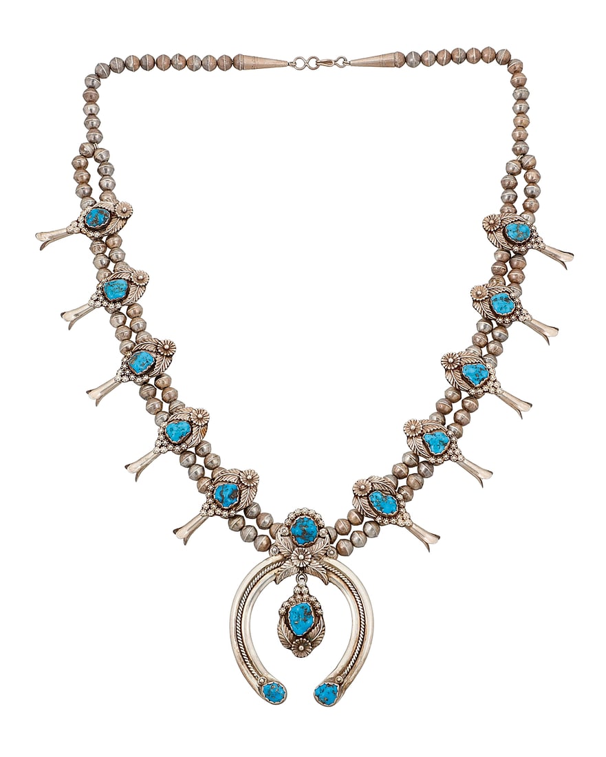 A Southwest sterling silver and turquoise squash blossom necklace (1 of 2)