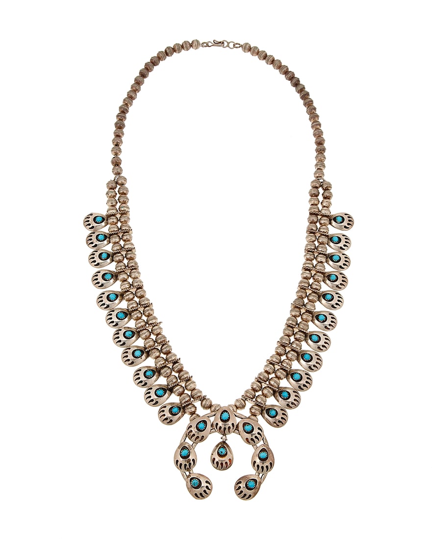 A Southwest sterling silver and turquoise 'Bear Paw' squash blossom necklace (1 of 2)
