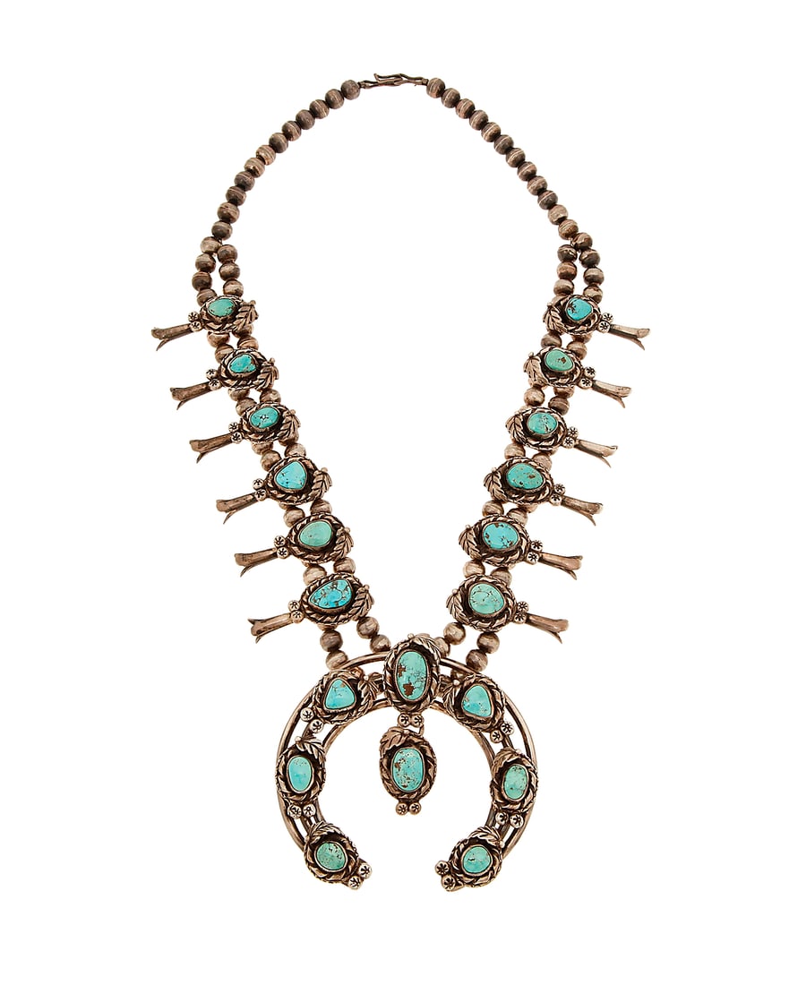 A Southwest sterling silver and turquoise squash blossom necklace (1 of 2)