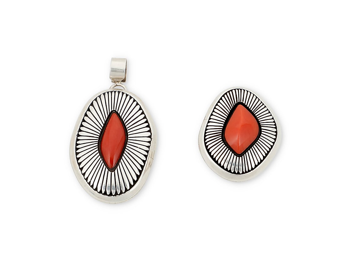 A set of Herman Vandever Navajo sterling silver and coral jewelry items: A set of Herman Vandever Navajo sterling silver and coral jewelry items Herman Vandever (b. 1964, Dine) Late 20th/21st century Each with etched signature verso Two works featuring a sterling silver