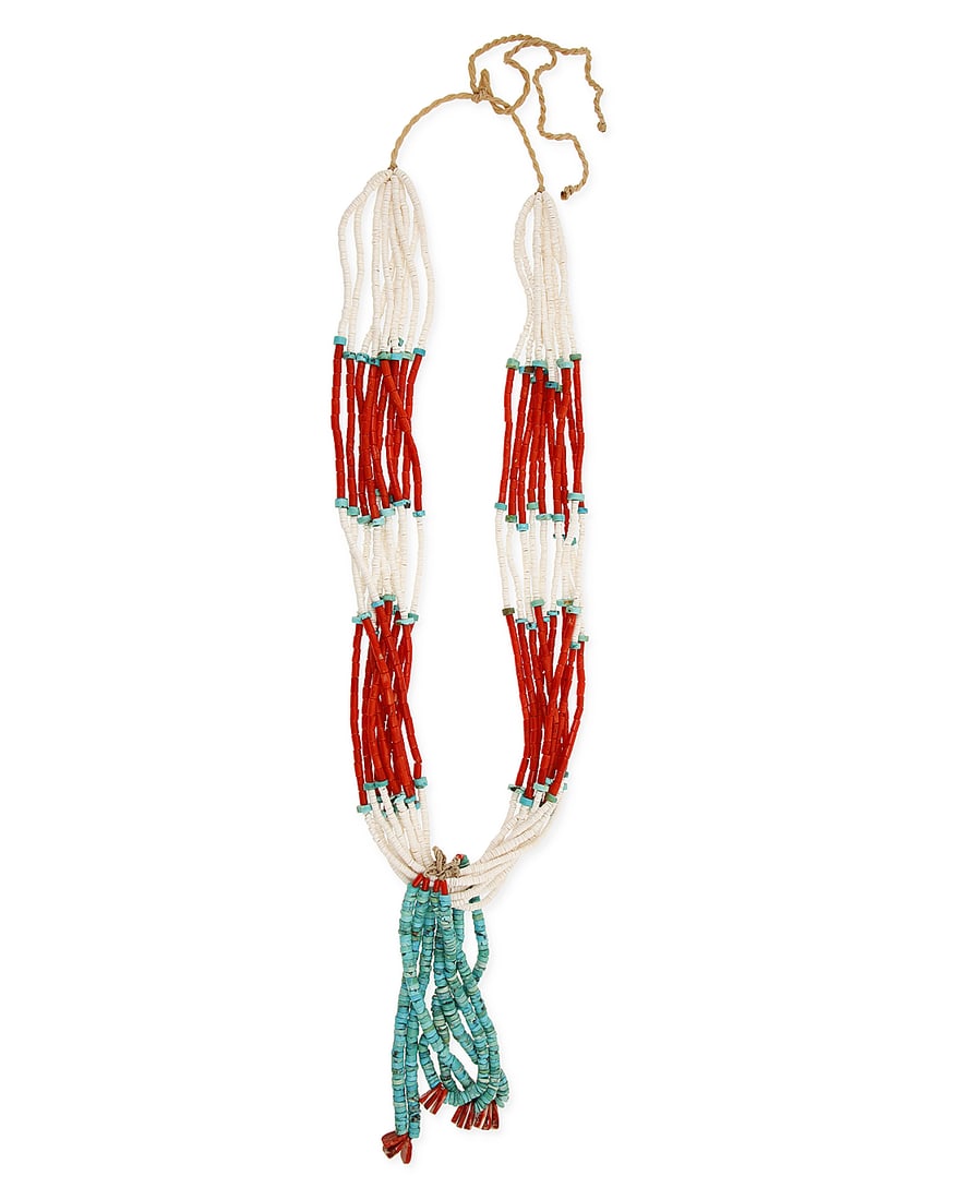 A Pueblo style turquoise and coral necklace: A Pueblo style turquoise and coral necklace Mid/late 20th century Unmarked Comprising a ten-strand necklace with alternating coral, white shell heishi, and turquoise beads, all suspending two pairs
