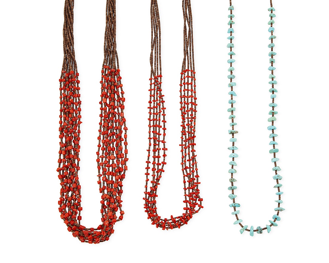 A group of Pueblo necklaces: A group of Pueblo necklaces Mid/late 20th century 3 works: Josephine Coriz [Coris] (b. 20th century, Kewa) Two Santo Domingo Pueblo multistrand coral and heishi necklaces Unmarked; each with tag denot