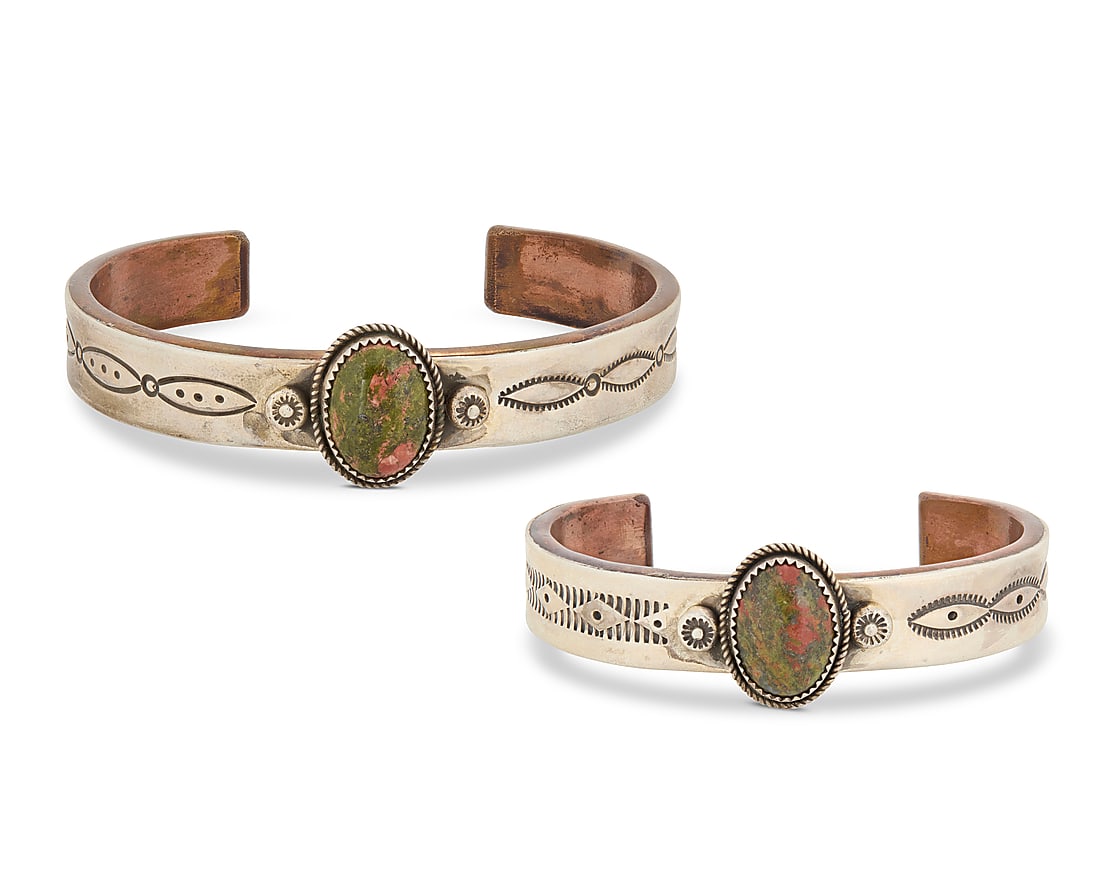 Two A.J. Platero Navajo sterling silver, copper and set stone cuff bracelets (1 of 5)
