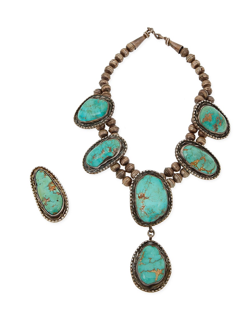 A set of Southwest sterling silver and turquoise squash blossom jewelry (1 of 3)