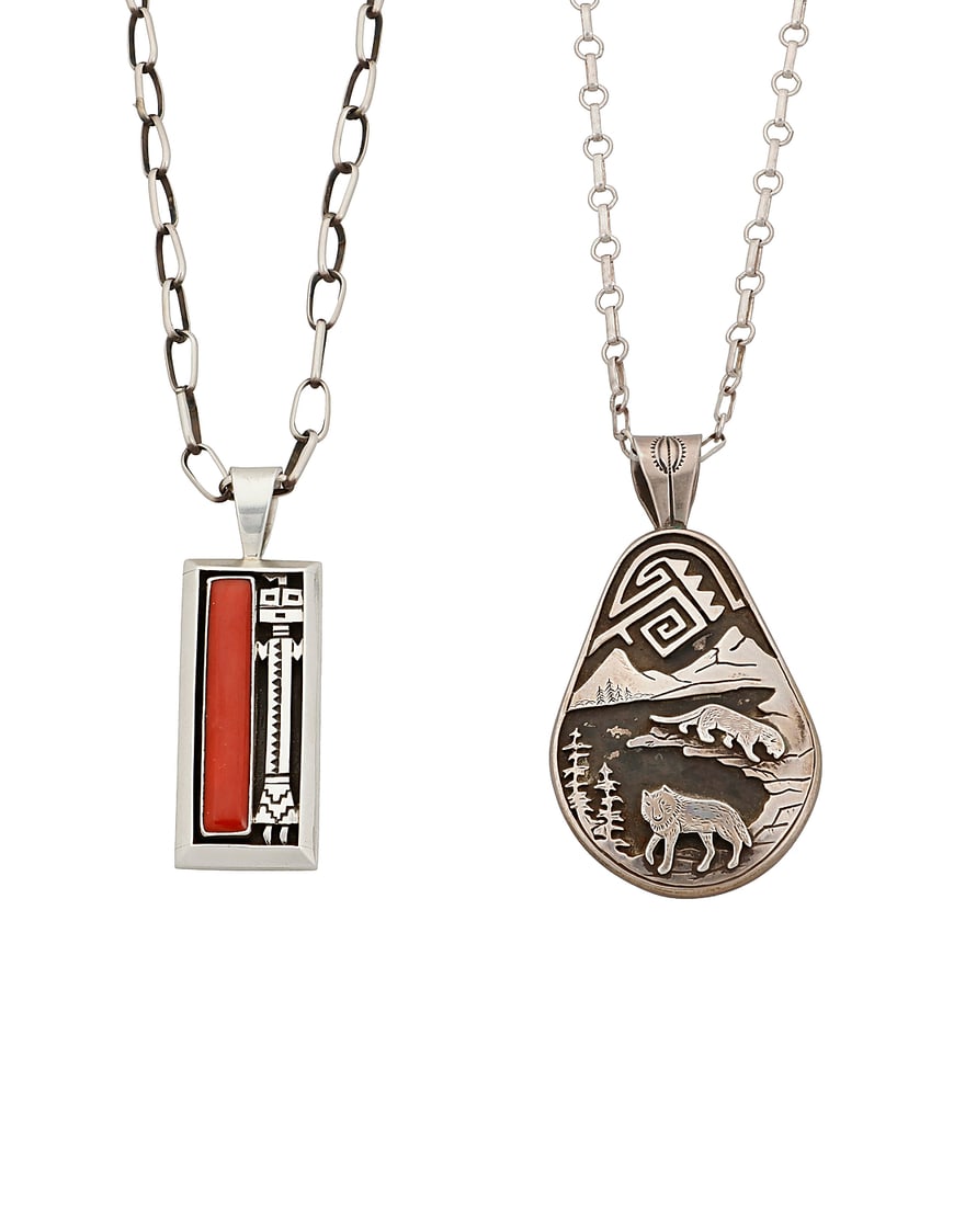 Two Southwest silver necklaces: Two Southwest silver necklaces Late 20th/21st century Two works: Fritson Toledo, (b. 1961, Dine) Stamped: Toledo / Sterling A Navajo sculptural teardrop pendant in sterling silver overlay, featuring a