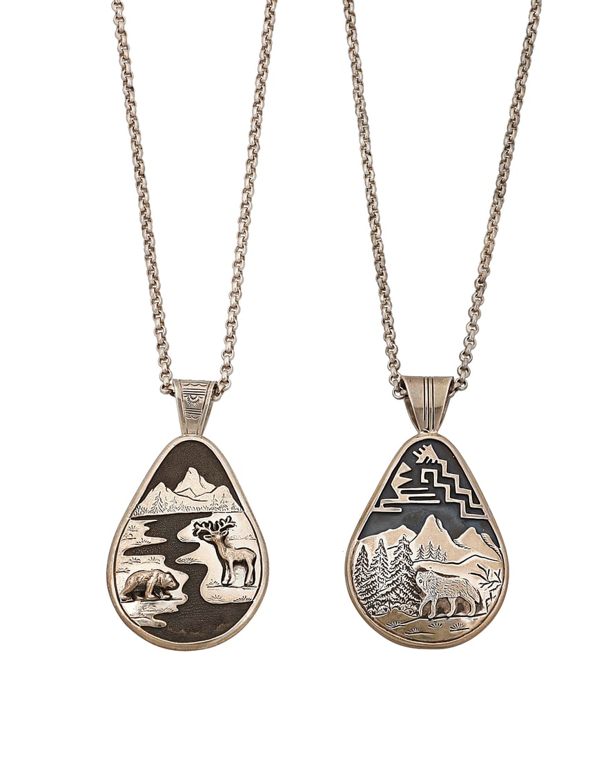 Two Fritson Toledo Navajo sterling silver sculptural pendants: Two Fritson Toledo Navajo sterling silver sculptural pendants Fritson Toledo, (b. 1961, Dine) Late 20th/21st century Each stamped: Toledo / Sterling Comprising two chunky figural teardrop pendants in 