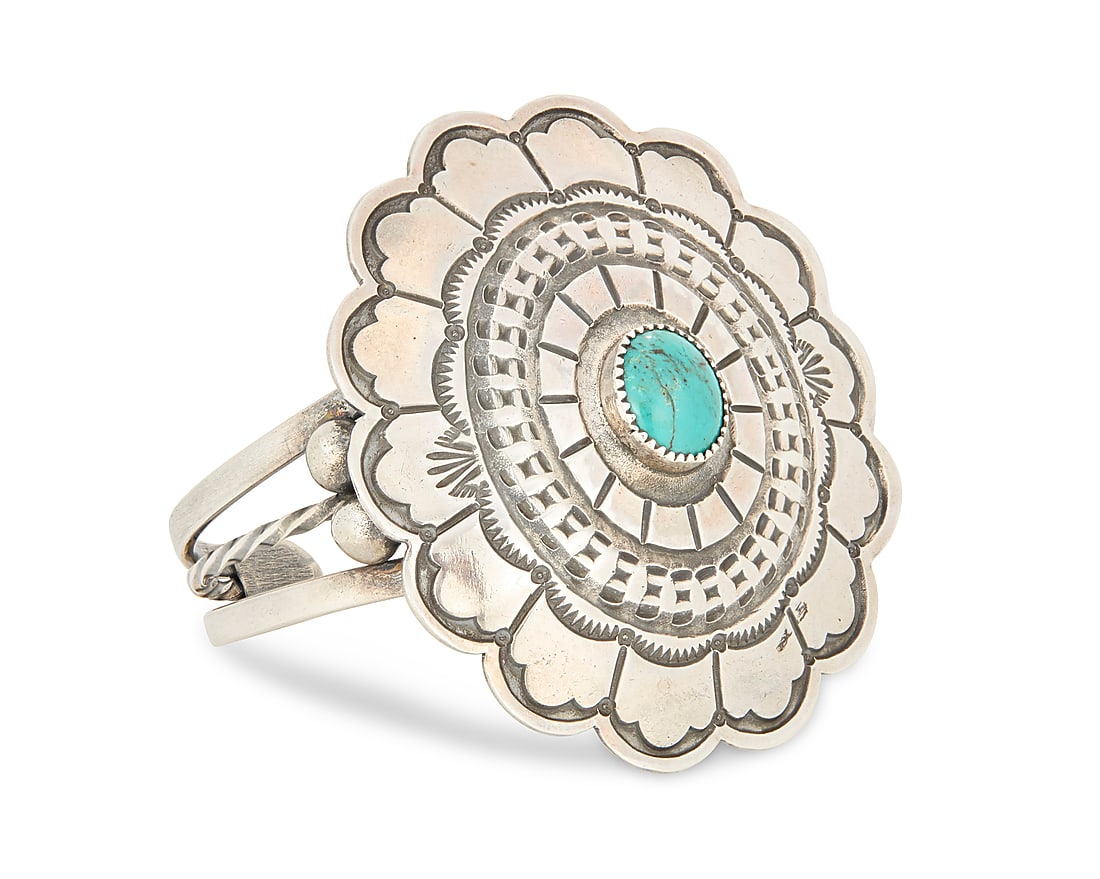 A Southwest sterling silver and turquoise concho cuff bracelet (1 of 3)