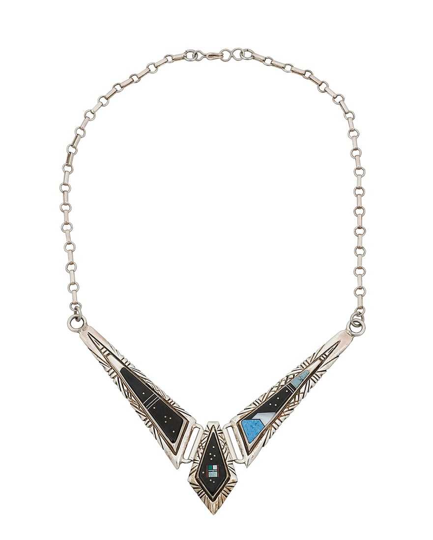 A Southwest sterling silver and multi-stone inlaid necklace (1 of 2)